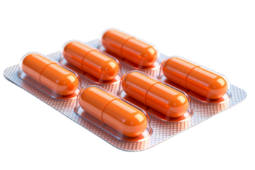 Orange capsules in blister pack for pharmaceutical use