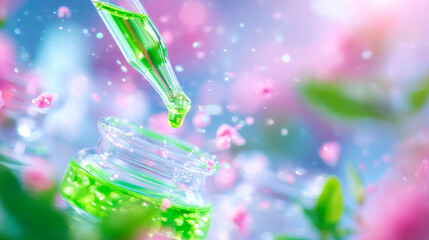 Laboratory scene green glowing liquid in petri dish with pipette experiment combining research and tech