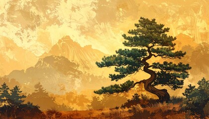 Traditional Japanese Pine Illustration on Gold Background