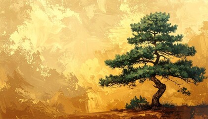 日本画風の松を描いた金色背景のお正月イラスト