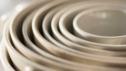 Close up of a stack of cream ceramic bowls. Abstract background of concentric circles. Minimalist pottery texture