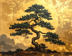 Japanese Painting Style Pine Tree on Golden Background