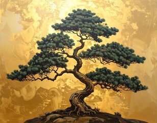 金色背景の日本画風 松のイラスト お正月素材