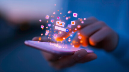 Scene hand activating holographic search bar above smartphone with glowing orange light tech concept