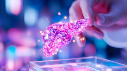 Transparent holographic human liver floating in futuristic lab with glowing interface and data