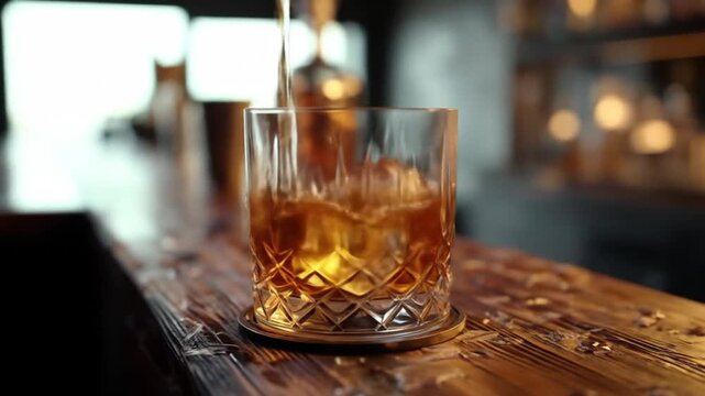 A bartender skillfully pours a rich amber liquid into a crystal glass filled with ice, set against a softly lit bar backdrop with blurred bottles and warm ambiance