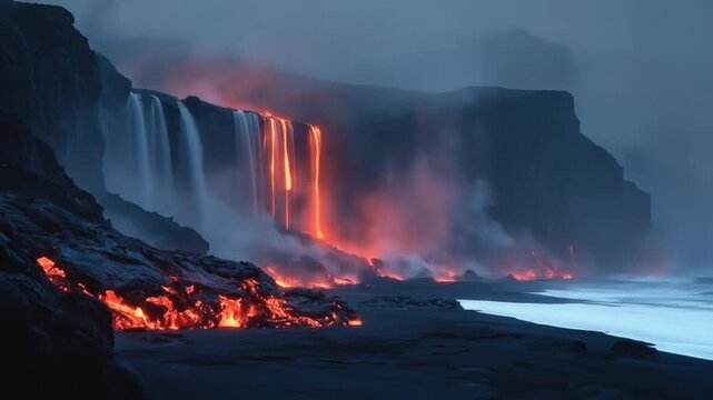 A breathtaking view of a volcanic landscape at twilight, showcasing cascading waterfalls illuminated by glowing lava flows, with a misty ocean in the background