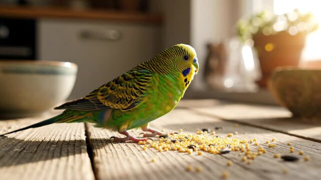 Adorable green and yellow parakeet eating birdseed on a rustic wooden table in a sunlit kitchen scene.