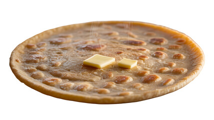 Hot buttery flatbread with melting pats of butter steaming gently on transparent background
