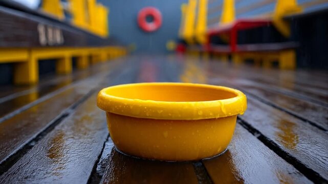 A vibrant yellow bowl resting on wet wooden decking aboard a boat, surrounded by colorful seating and a lifebuoy in the background, suggesting a tranquil maritime setting