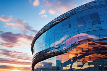 Modern building reflects sunset colors in urban landscape during evening hours