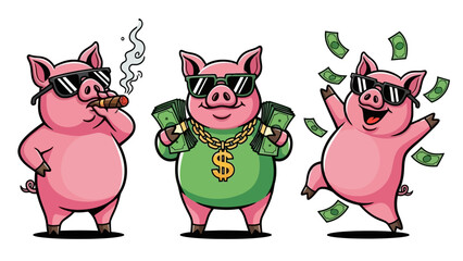 Three Cool Cartoon Pigs Wearing Sunglasses, One Smoking Cigar, One with Money