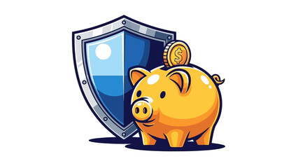 Secure piggy bank with coin and shield, symbol of financial protection and savings