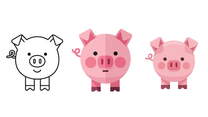 Three Cartoon Pigs: Outline, Flat Design, and Simple Vector Styles