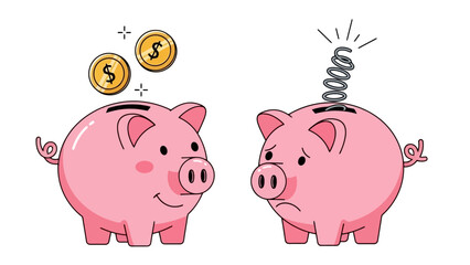 Happy Piggy Bank Saving Money and Sad Piggy Bank with Spring Popping Out