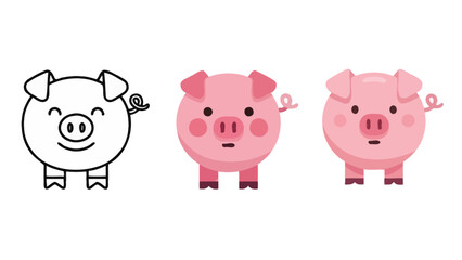 Cute Piggy Characters: Outline, Flat Design, and Detailed Illustration