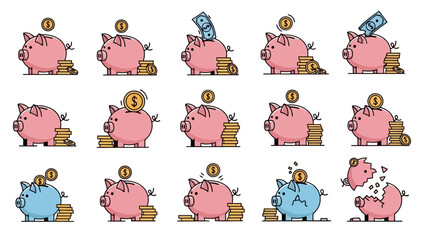Set of Piggy Banks with Coins and Bills Illustrating Savings and Financial Growth Concepts