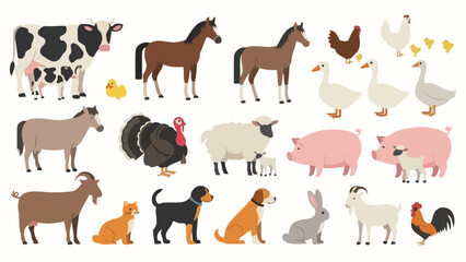 Farm Animals Collection: Cute Cartoon Livestock and Poultry on White Background
