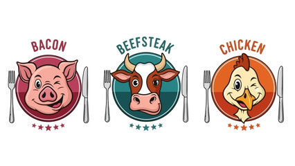 Cute Cartoon Meat Icons: Pig, Cow, and Chicken Faces with Utensils and Stars