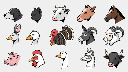 Farm Animal Heads Collection Vector Art Set - Livestock and Poultry Icons