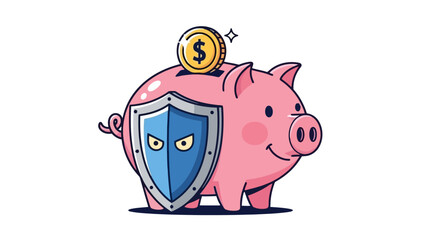 Pink Piggy Bank with Shield and Gold Coin, Symbolizing Financial Security and Savings