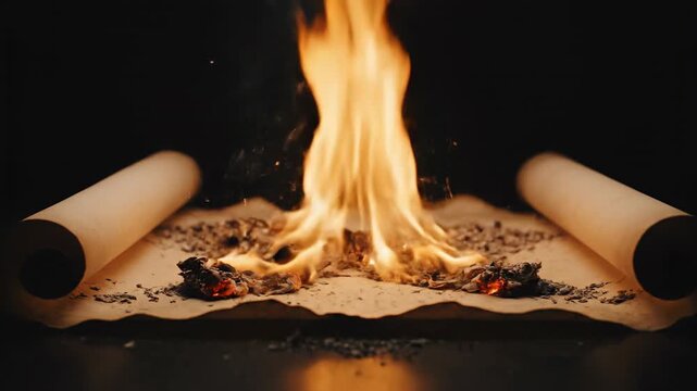 Dramatic slow motion shot of the edges of an empty antique scroll rapidly catching fire and burning up to reveal a dark void underneath graphic element, danger, energy