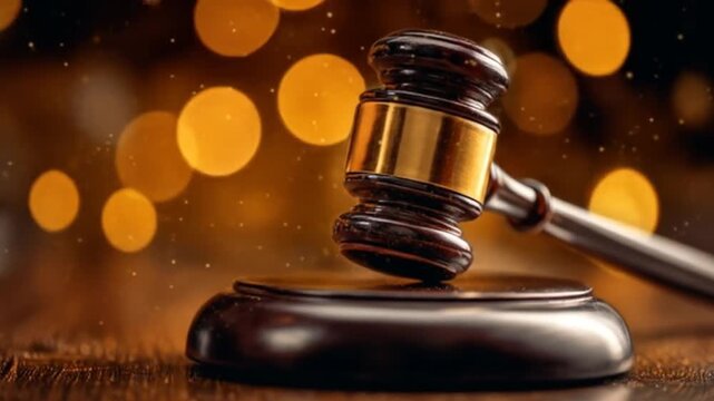 A close-up view of a wooden gavel resting on a circular base, with a blurred golden bokeh background suggesting a courtroom or judicial setting, highlighting themes of justice and law