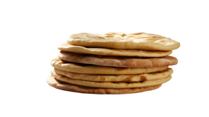Stack of freshly baked golden pita bread rounds on a solid for food design on transparent background