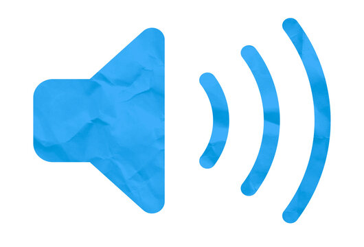 Blue volume up icon made of crumpled paper texture. Loud audio symbol