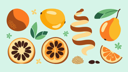 Colorful Illustration of Exotic Fruits and Natural Elements in Vibrant Style