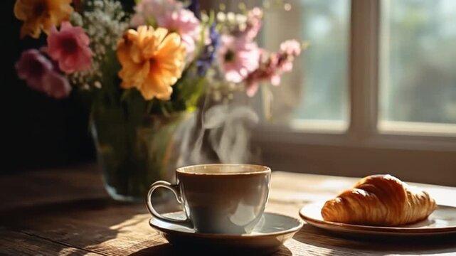 A cozy morning scene featuring a steaming cup of coffee next to a freshly baked croissant, with a vibrant bouquet of flowers in a sunlit window background, creating a warm atmosphere - Powered by Adobe