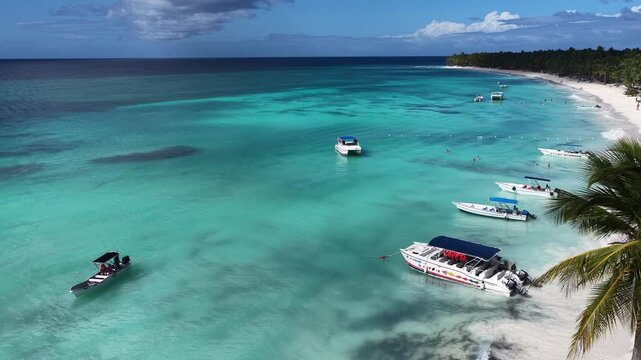 Isla Saona At Punta Cana In La Altagracia Dominican Republic. Caribbean Skyline. Beach Landscape. Native Coconut Trees. Isla Saona In Punta Cana In Dominican Republic. Nature Seascape.