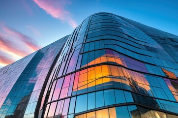 City building reflects sunset sky with clouds and colorful glass windows in evening light