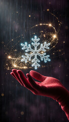 Hand Holding Magical Glowing Snowflake &mdash; Cinematic Christmas Light Fantasy