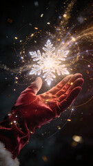 Hand Holding Magical Glowing Snowflake &mdash; Cinematic Christmas Light Fantasy
