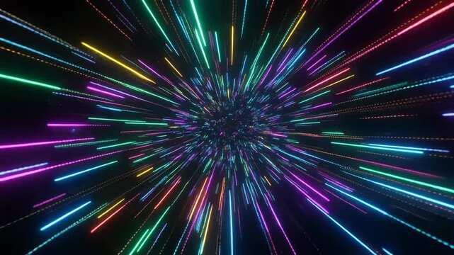 Vibrant multi-color light streaks rush through an abstract digital tunnel simulating hyperspace travel or a futuristic warp drive effect