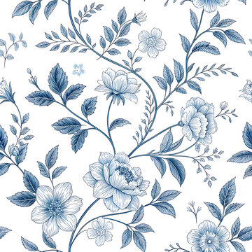 Blue toile seamless digital paper pack with French floral shabby chic patterns, vintage blue and white designs for backgrounds and decor