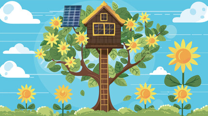 Sustainable wooden pod treehouse surrounded by solar flowers, showcasing eco-friendly architecture, renewable energy, green living and futuristic nature-inspired design in detailed illustration