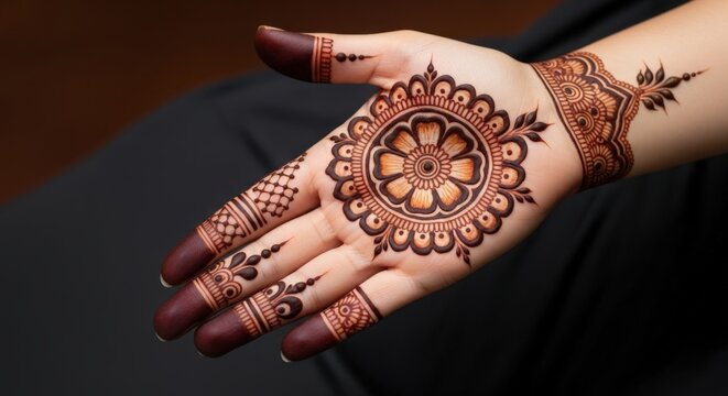 Intricate Henna Tattoo Designs Adorning a Woman's Hand, Showcasing Traditional Artistry and Cultural Beauty