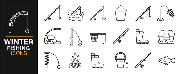 Minimal winter fishing symbols showing rods, tools, and snow elements