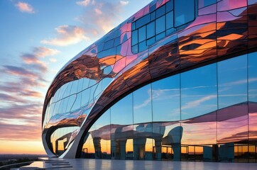 Modern building with colorful reflections at sunset in an urban area