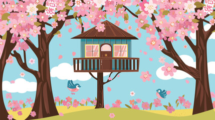 Spring blossom treehouse hidden among cherry trees surrounded by soft pink flowers, fresh green leaves and gentle sunlight, representing nature escape, fantasy architecture, peaceful spring landscape,