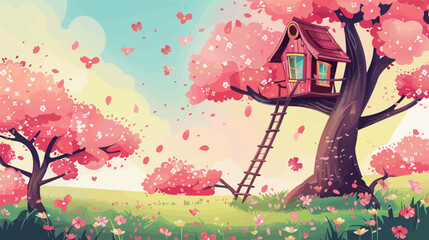 Spring blossom treehouse hidden among cherry trees surrounded by soft pink flowers, fresh green leaves and gentle sunlight, representing nature escape, fantasy architecture, peaceful spring landscape,