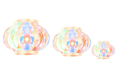 Three Colorful Glowing Asian Lanterns on White Background, Minimalistic Chinese New Year or Mid-Autumn Festival Digital Art Render.