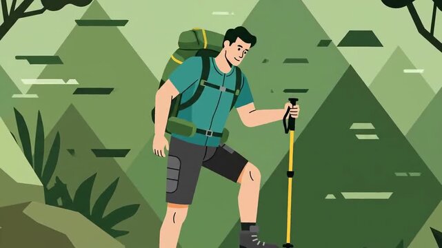 A Hiker Ascends a Rocky Path Through a Green Forest with a Geometric Style