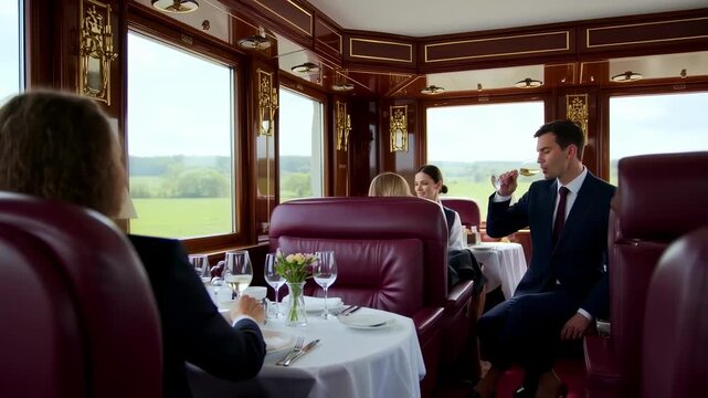 Elegant dining experience aboard a vintage train during luxury travel excursion