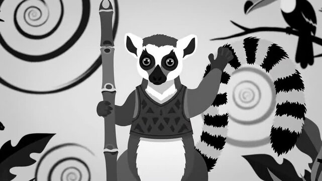 A Lemur's Jungle Adventure: Black and White Animation of Tropical Wildlife