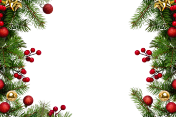 Elegant christmas border with festive ornaments and pine branches on a black background