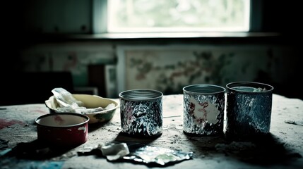 Dented Tin Cans on a Table Showing Salvaged Materials