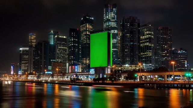 Urban Nightscape with Green Screen: A dazzling night scene of a modern city, its illuminated skyscrapers reflecting off the tranquil water below, enhanced by a prominent green screen.